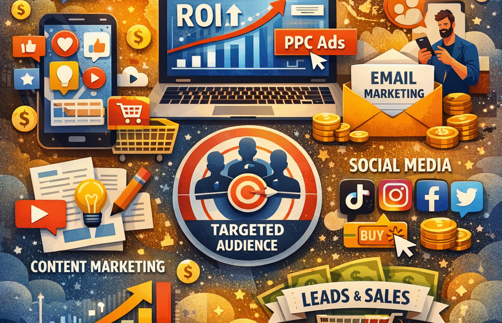 What is digital marketing now? A visual showing online marketing channels like SEO, social media, email marketing, and data-driven growth strategies.