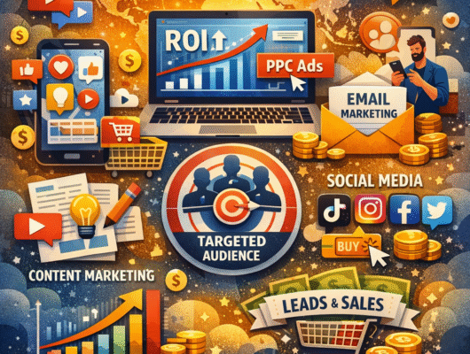 What is digital marketing now? A visual showing online marketing channels like SEO, social media, email marketing, and data-driven growth strategies.