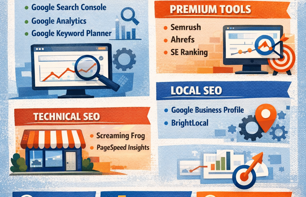 SEO tools for small business dashboard showing keyword rankings and traffic analytics