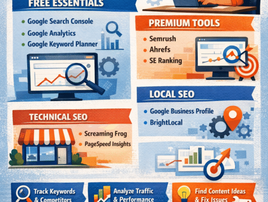 SEO tools for small business dashboard showing keyword rankings and traffic analytics