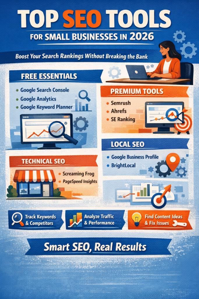 SEO tools for small business dashboard showing keyword rankings and traffic analytics