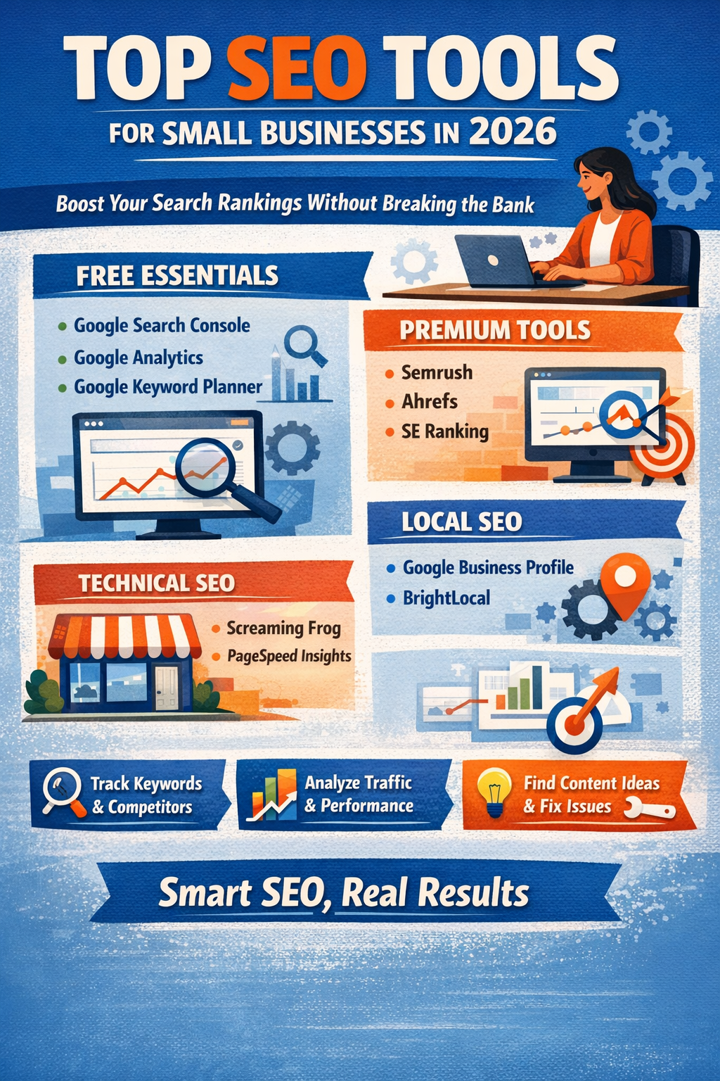 SEO tools for small business dashboard showing keyword rankings and traffic analytics