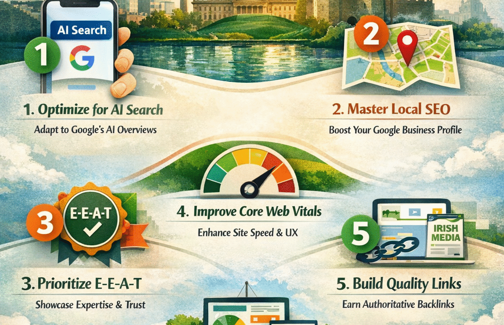 SEO strategies for Irish businesses 2026 showing digital marketing dashboard