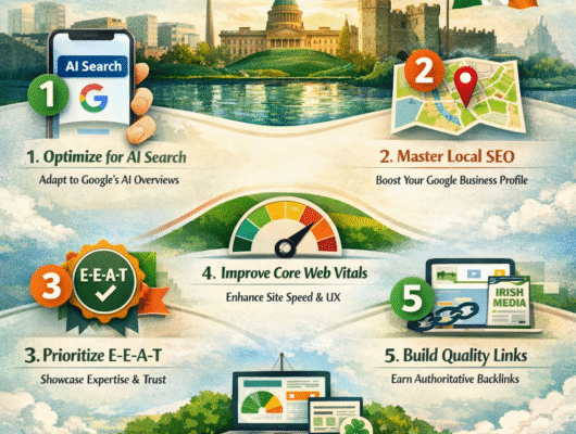 SEO strategies for Irish businesses 2026 showing digital marketing dashboard