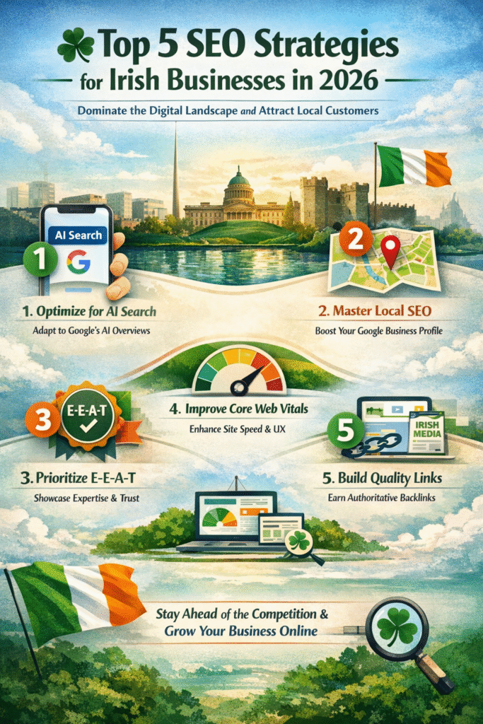 SEO strategies for Irish businesses 2026 showing digital marketing dashboard