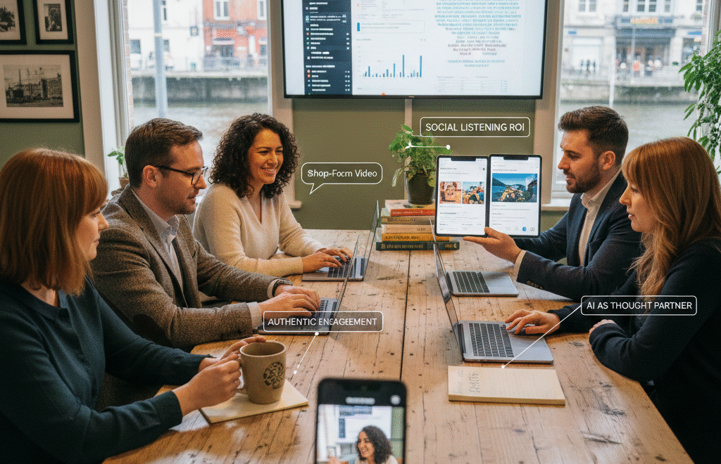 Irish business owner implementing social media marketing tips on laptop with smartphone showing engagement metrics