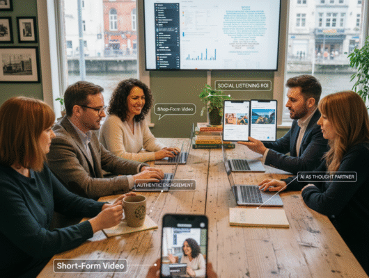 Irish business owner implementing social media marketing tips on laptop with smartphone showing engagement metrics