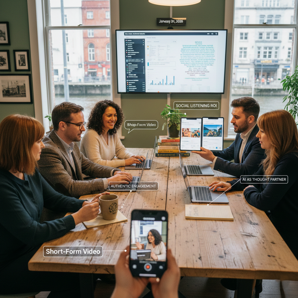 Irish business owner implementing social media marketing tips on laptop with smartphone showing engagement metrics