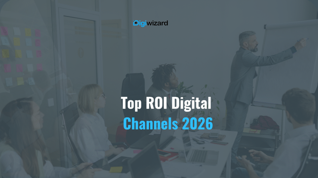 Digital marketing ROI concept showing SEO, email marketing, social media, PPC advertising, and content marketing channels driving business growth in 2026
