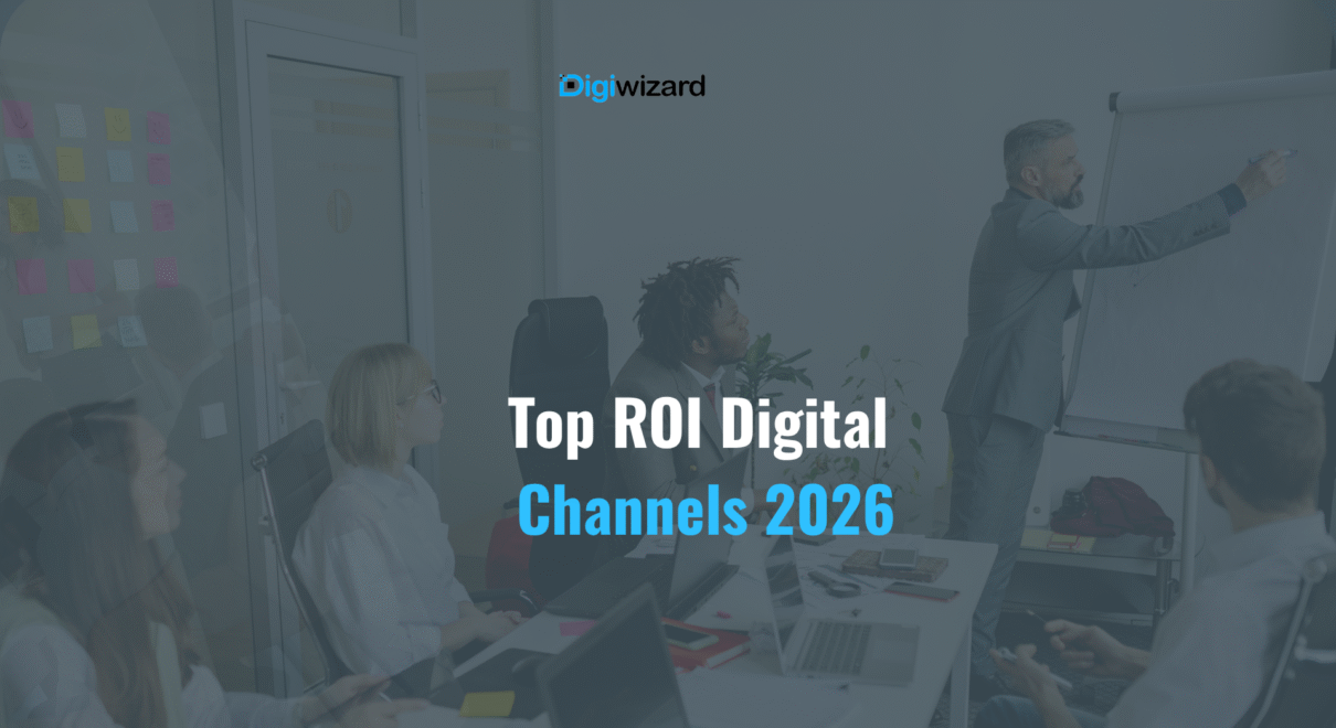 Digital marketing ROI concept showing SEO, email marketing, social media, PPC advertising, and content marketing channels driving business growth in 2026
