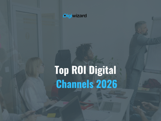Digital marketing ROI concept showing SEO, email marketing, social media, PPC advertising, and content marketing channels driving business growth in 2026