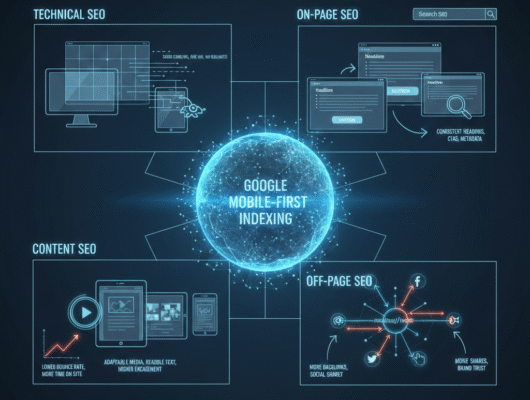 Responsive Web Design SEO example showing mobile and desktop layouts
