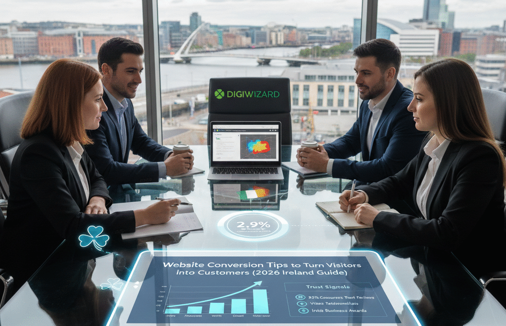 Website conversion tips dashboard showing increased conversion rates for Irish businesses in 2026