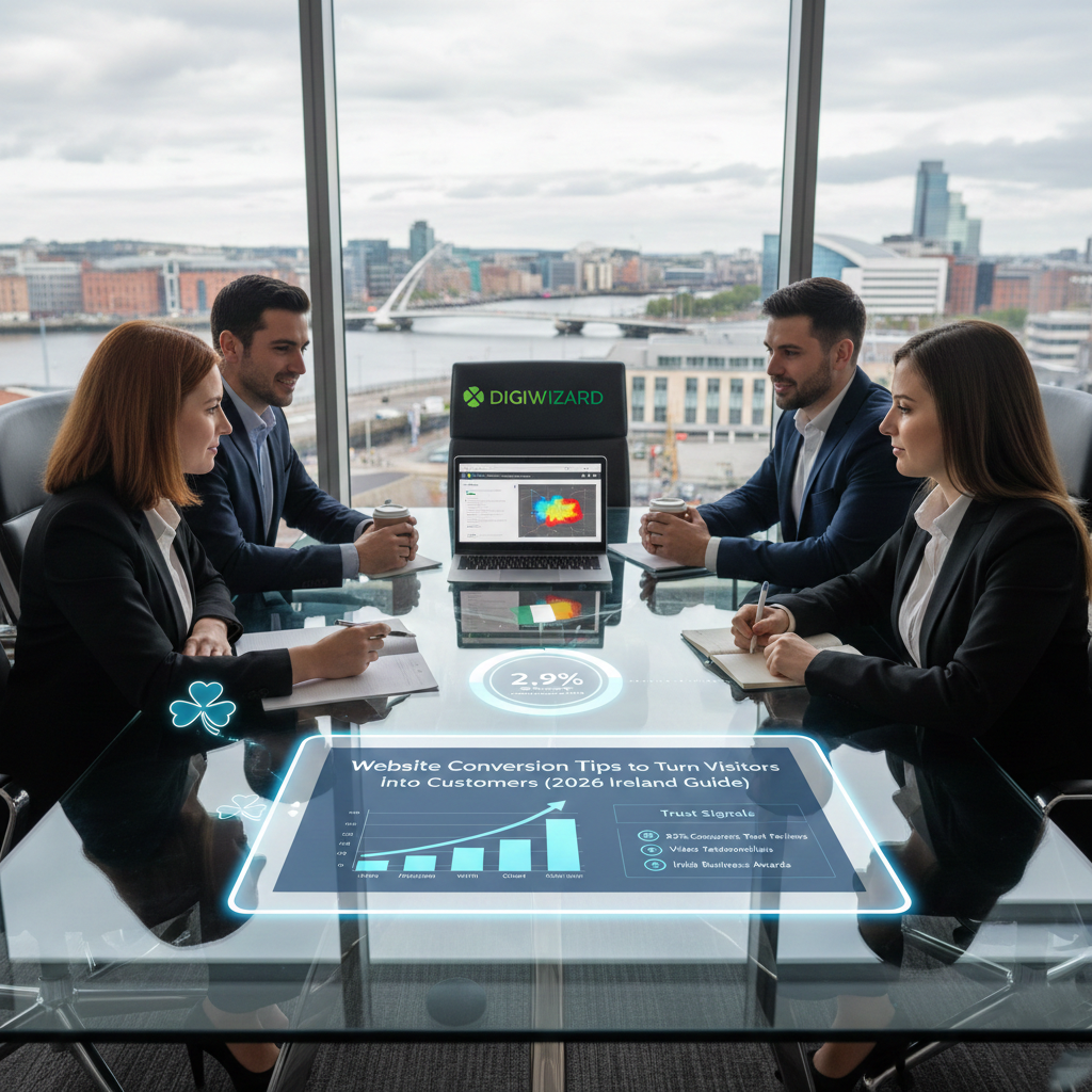 Website conversion tips dashboard showing increased conversion rates for Irish businesses in 2026