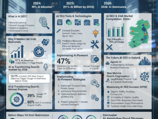 Irish business owner analyzing AI SEO Ireland dashboard showing search rankings and organic traffic growth in 2026