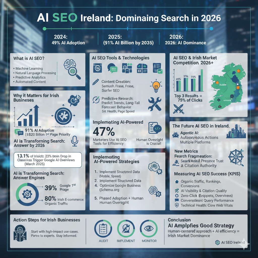 Irish business owner analyzing AI SEO Ireland dashboard showing search rankings and organic traffic growth in 2026