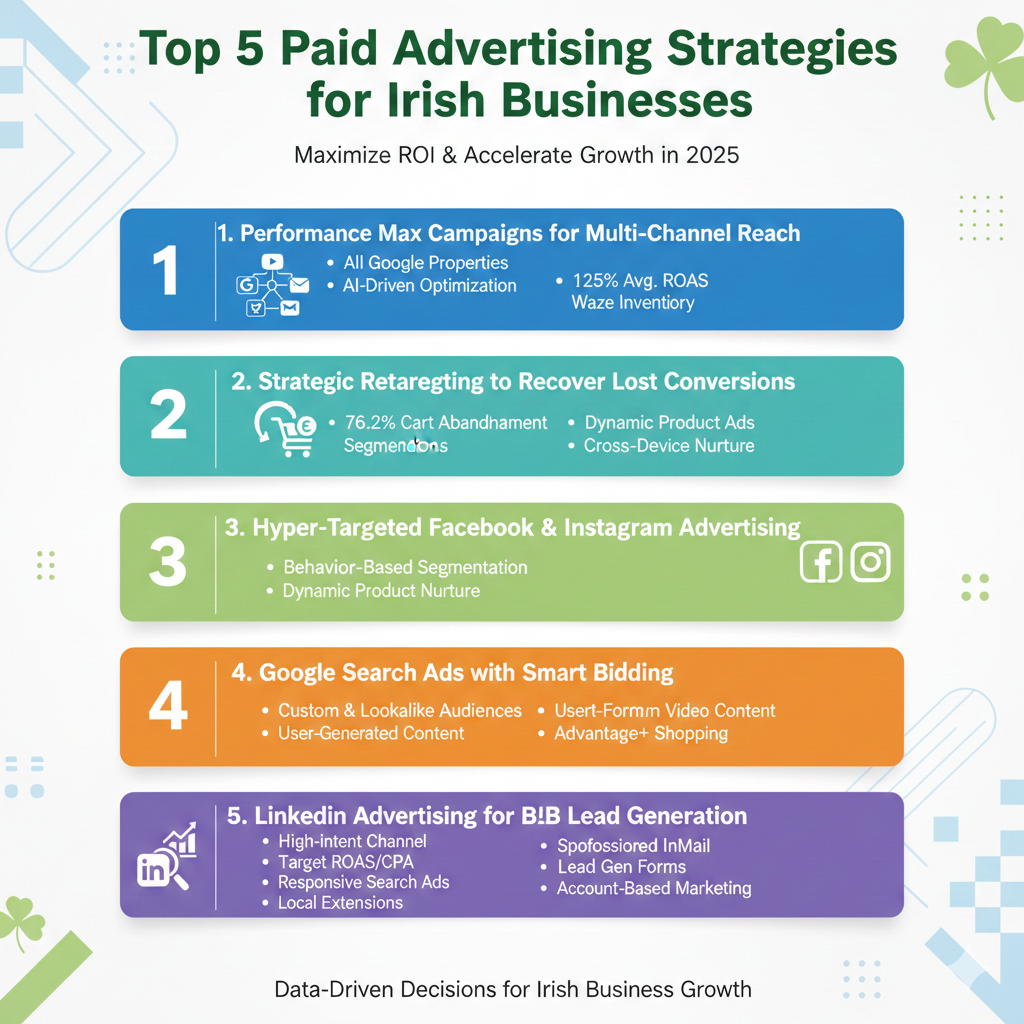 Irish business owner analyzing paid advertising strategies on laptop dashboard showing campaign performance metrics
