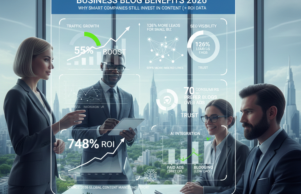 Business blog benefits 2026 showing ROI metrics and performance data on laptop dashboard