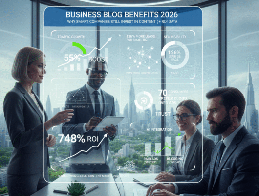 Business blog benefits 2026 showing ROI metrics and performance data on laptop dashboard