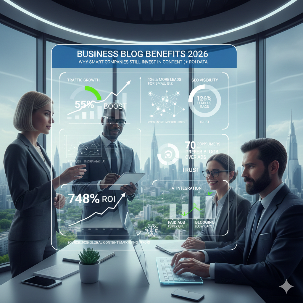 Business blog benefits 2026 showing ROI metrics and performance data on laptop dashboard