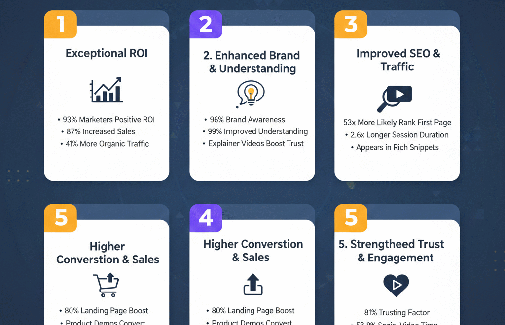 Video marketing for businesses showing ROI growth and engagement metrics on digital dashboard