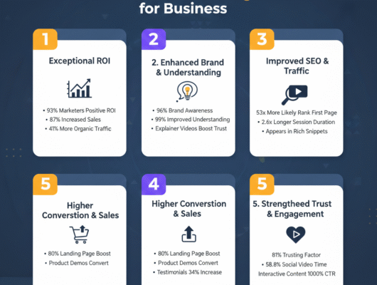 Video marketing for businesses showing ROI growth and engagement metrics on digital dashboard