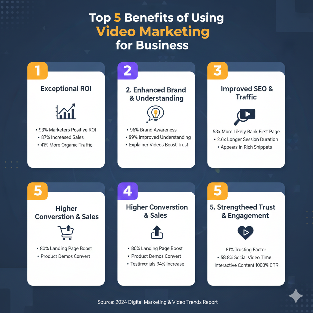 Video marketing for businesses showing ROI growth and engagement metrics on digital dashboard
