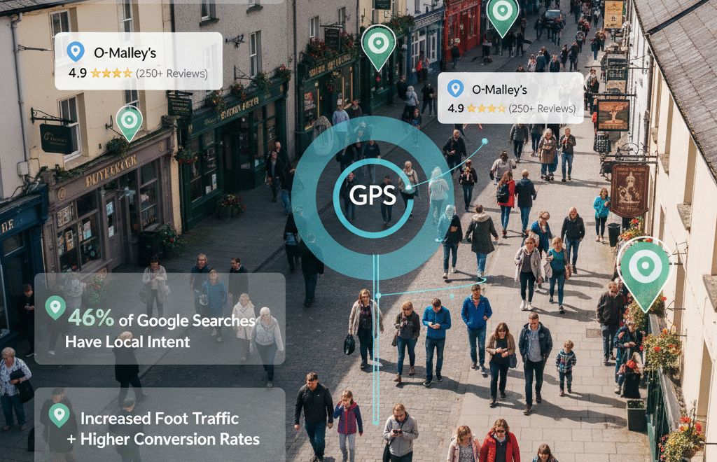Local SEO for Irish business strategy dashboard showing Google Maps rankings, keyword research data, and local search optimization results for Ireland.