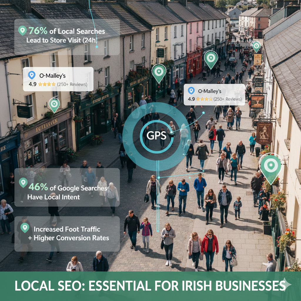 Local SEO for Irish business strategy dashboard showing Google Maps rankings, keyword research data, and local search optimization results for Ireland.