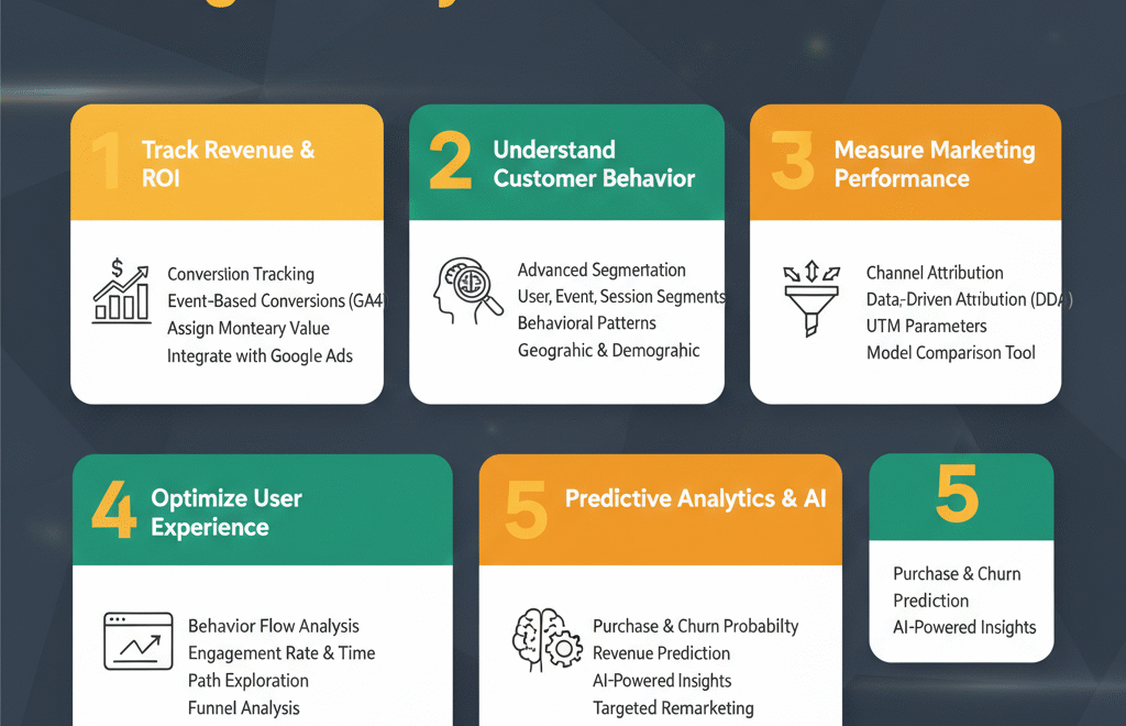 Google Analytics for businesses conversion tracking interface displaying ROI metrics and revenue data