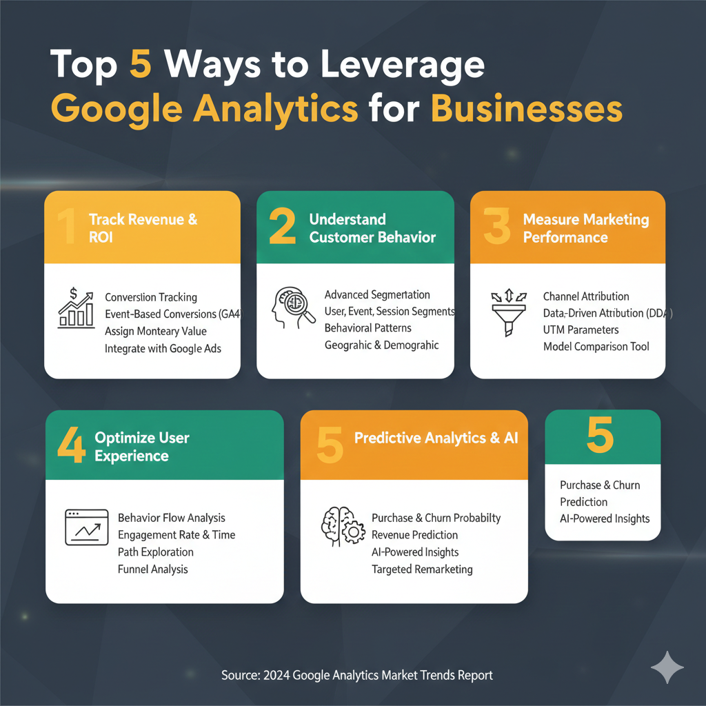 Google Analytics for businesses conversion tracking interface displaying ROI metrics and revenue data
