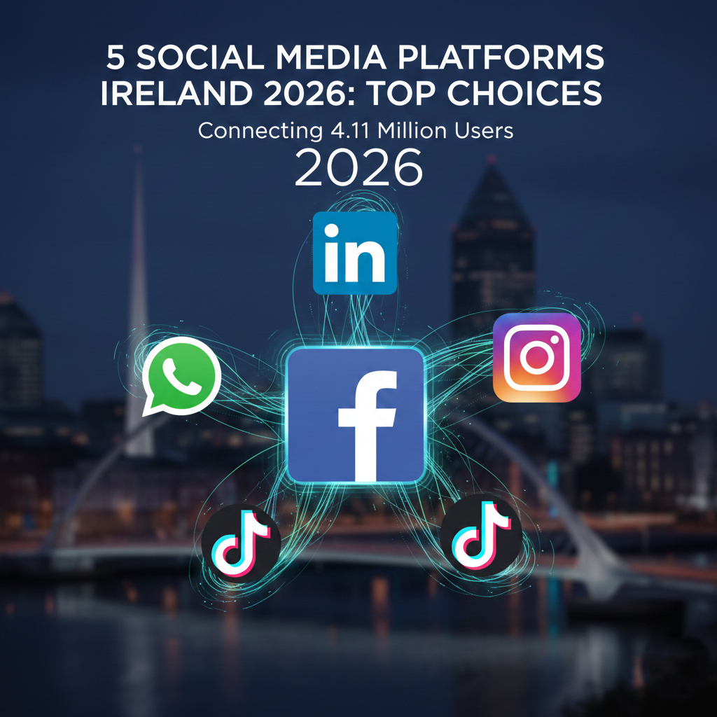 5 social media platforms Ireland 2026 with Facebook Instagram WhatsApp LinkedIn TikTok logos on smartphone screen