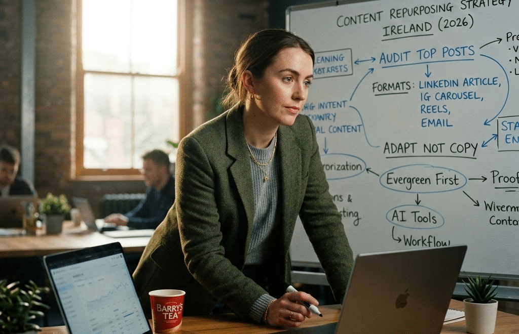 Irish business owner building a repurpose content in Ireland strategy across multiple platforms
