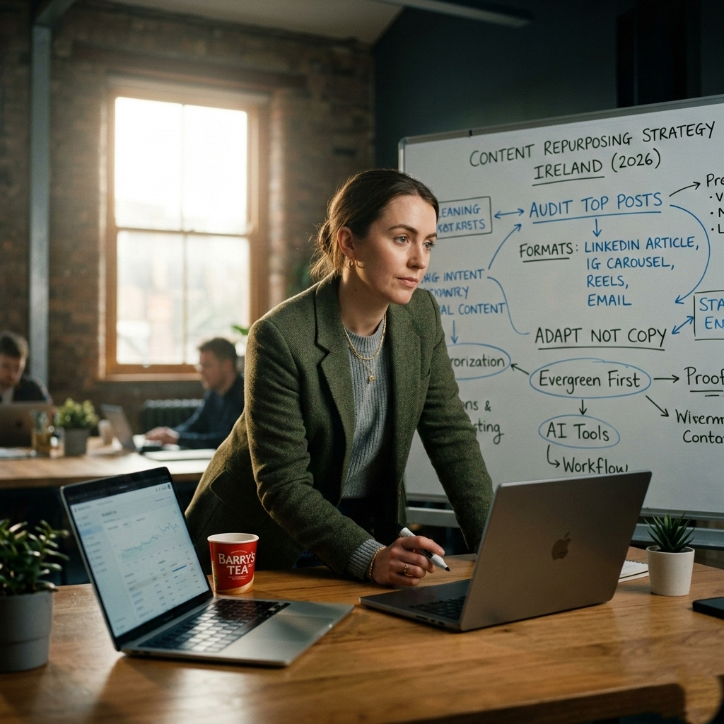 Irish business owner building a repurpose content in Ireland strategy across multiple platforms