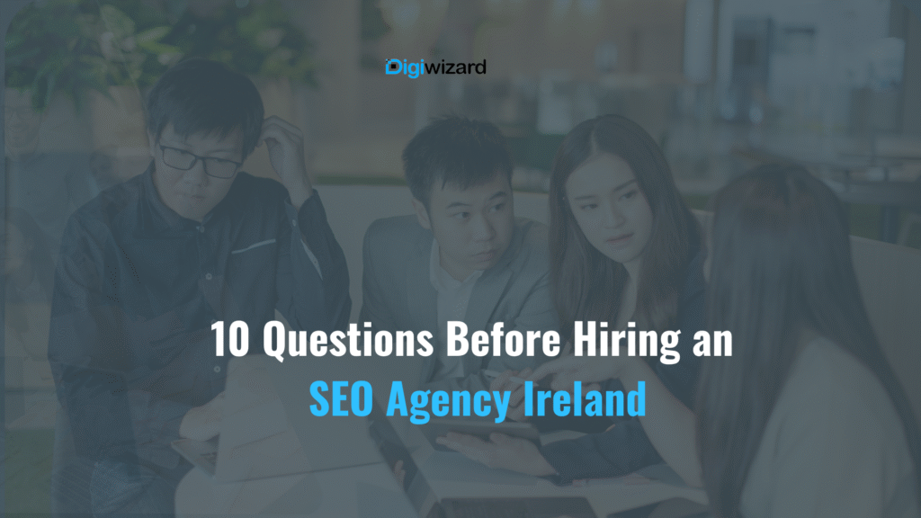 Irish business owner asking questions to an SEO agency consultant in a Dublin meeting room