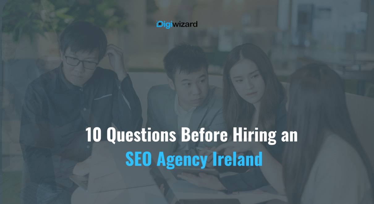 Irish business owner asking questions to an SEO agency consultant in a Dublin meeting room