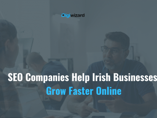 Irish business owner reviewing SEO company results on a laptop in a Dublin office