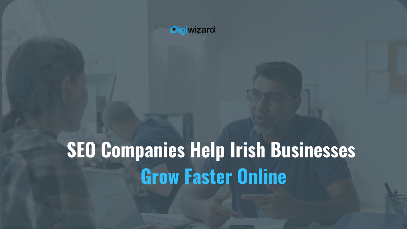 Irish business owner reviewing SEO company results on a laptop in a Dublin office
