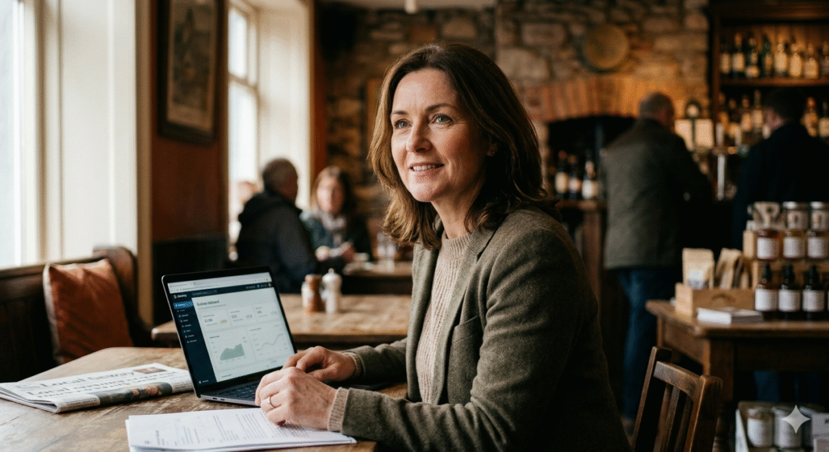 SEO in Galway step-by-step guide showing local business owner optimising Google search rankings on laptop