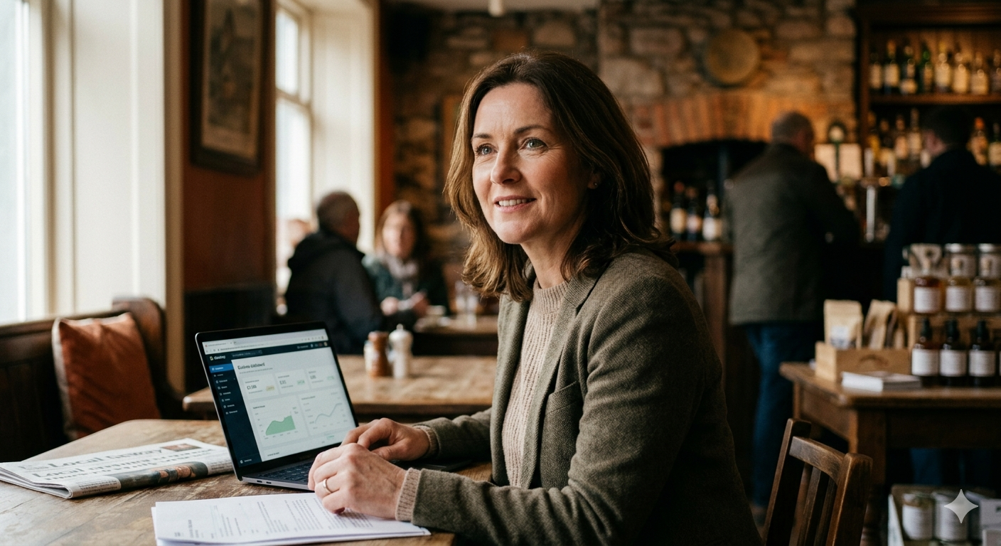 SEO in Galway step-by-step guide showing local business owner optimising Google search rankings on laptop