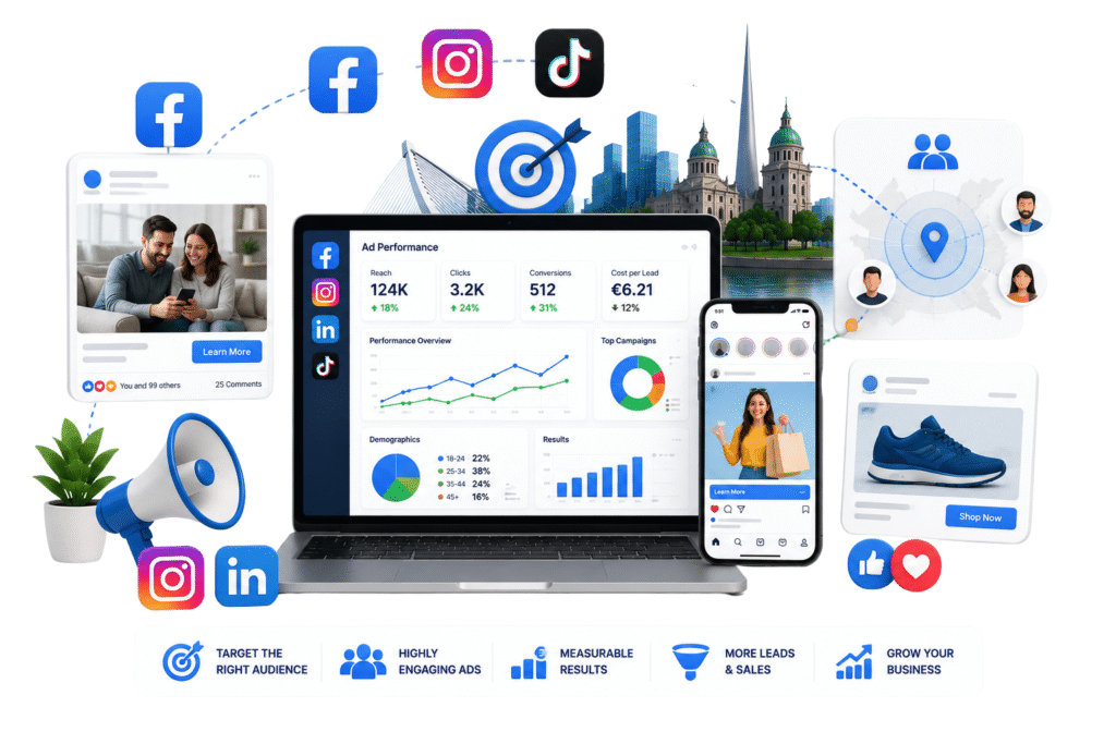 Paid social media advertising is where DigiWizard delivers the fastest and most measurable results for Dublin businesses. Our social media advertising service covers Facebook, Instagram, LinkedIn, and TikTok advertising  managed with the same rigour and data focus we apply to Google Ads management. Every social media advertising campaign DigiWizard manages in Dublin starts with a clear objective  lead generation, e-commerce sales, website traffic, brand awareness, or event promotion  and is built from the ground up to achieve that objective efficiently. Audience targeting is built using a combination of interest and behaviour data, custom audiences from your existing customer list, website visitor retargeting, and lookalike audiences built from your best existing customers. Ad creative is produced to platform standard  static image ads, carousel ads, video ads, and Story format ads  with copy tested across multiple variations to identify what resonates with your target audience in the Dublin market.